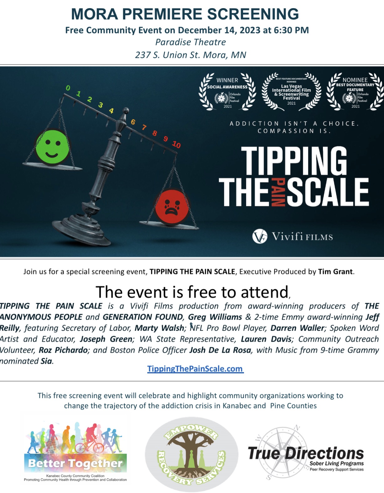 Flyer with info about "Tipping the pain scale" showing at Paradise Theatre