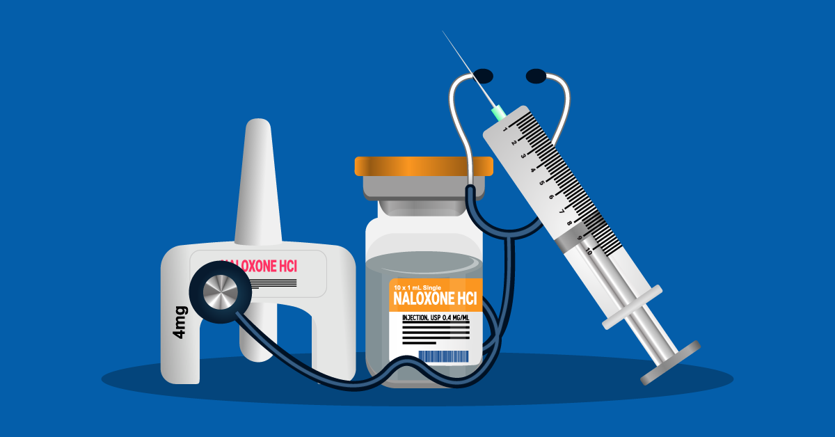 Illustration of Naloxone (Narcan) -- nasal spray, injectable and stethoscope