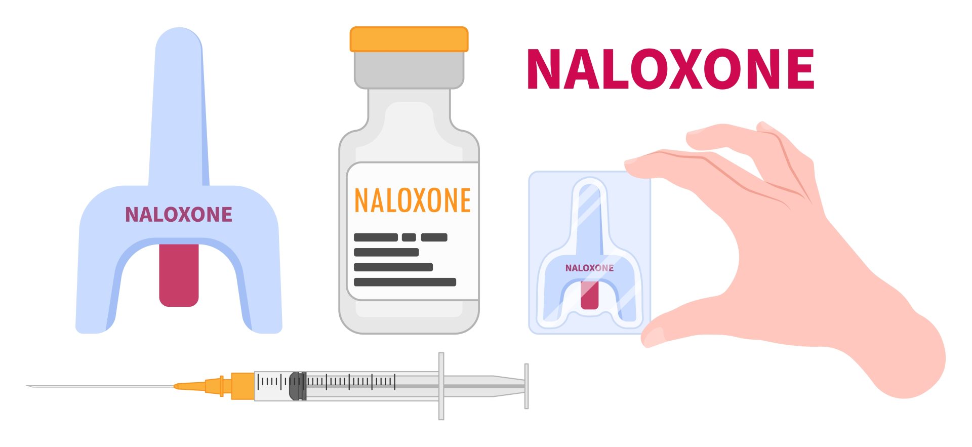 Illustration of Naloxone shown in injectable and nasal spray form.